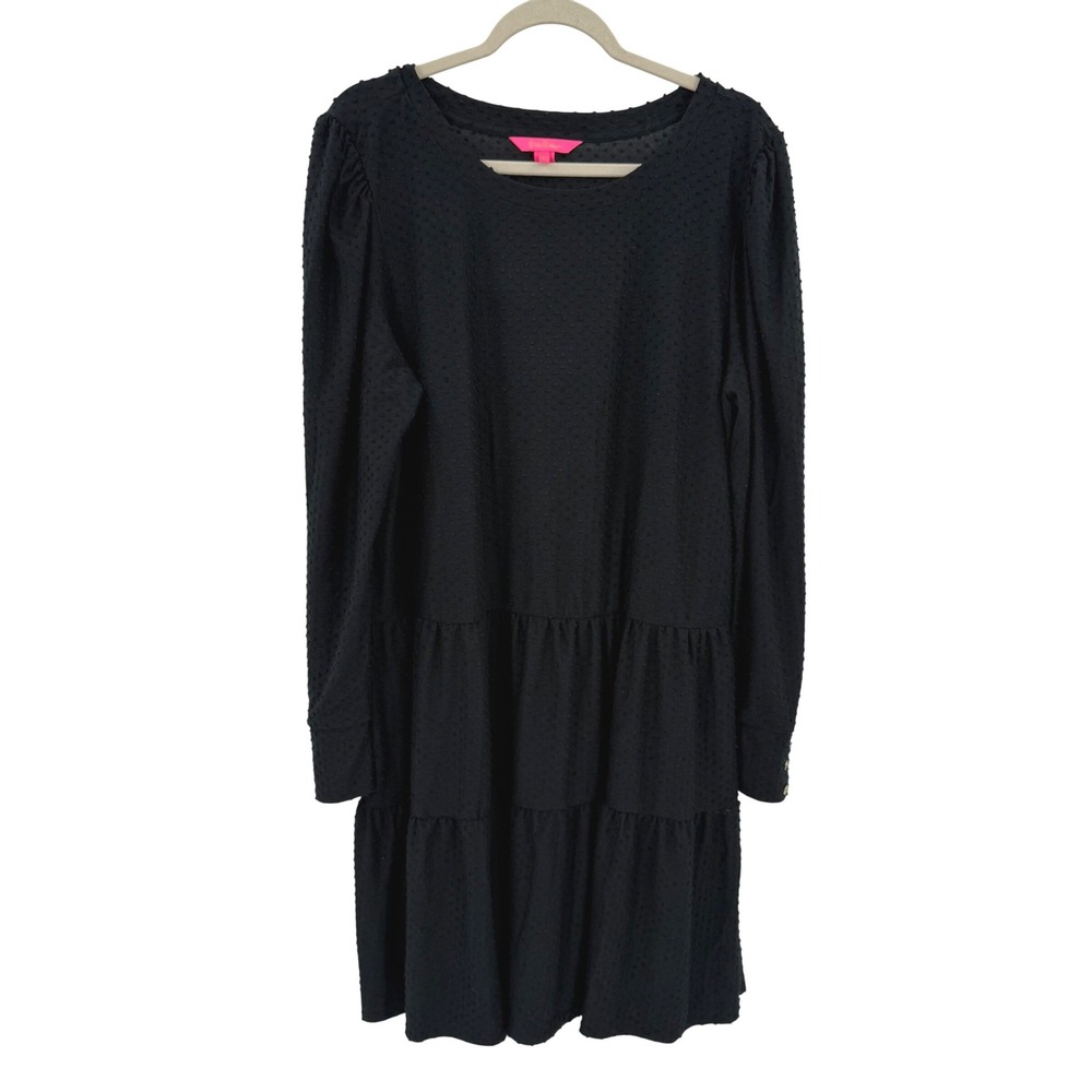 Lilly Pulitzer Etta Black Clip Dot Tiered Long Sleeve Mini Dress XXL RN 88189
